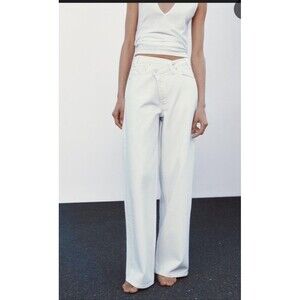Zara White Asymmetric fly Cross Front Wide Leg Denim Jeans High Rise NWT